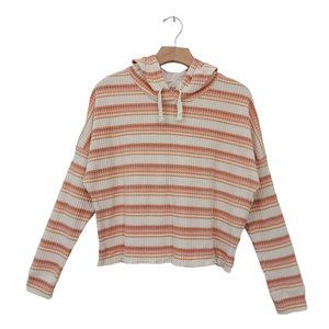 Roxy Crop Hooded Top Womens Small Beige  Waffle Knit Striped Drop Shoulder